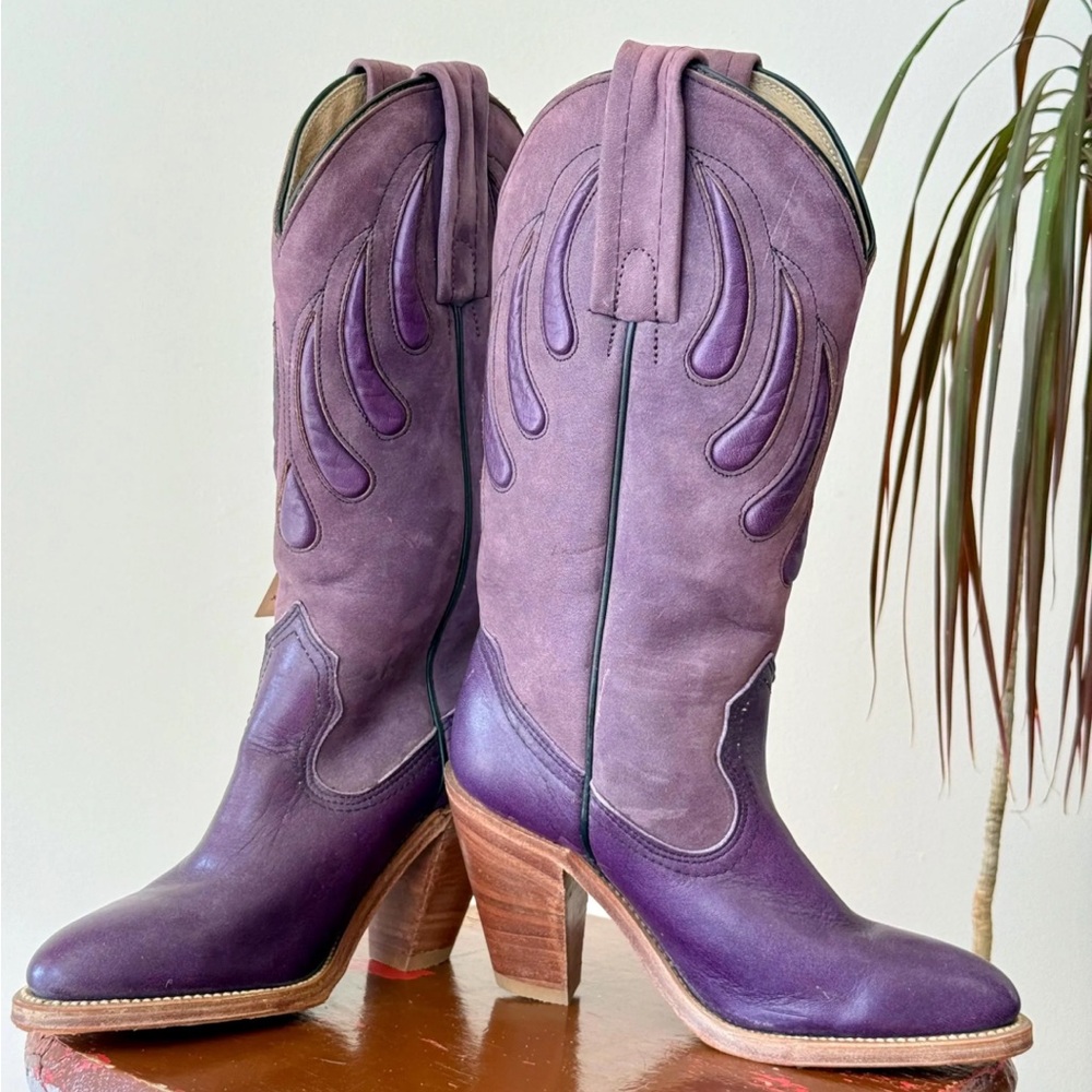 Vintage 70s Frye Bearclaw Inlay Leather Purple Western Women's Cowboy Boots 8N